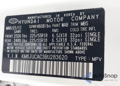 2011 Hyundai Tucson Gls/Limited z USA, uszkodzony, nr VIN KM8JUCAC3BU283620